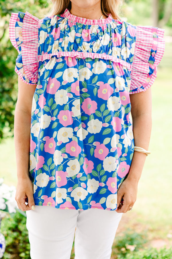 Chic Soul plus size clothing, dark blue blouse with white and light pink floral pattern and pink gingham flutter sleeve