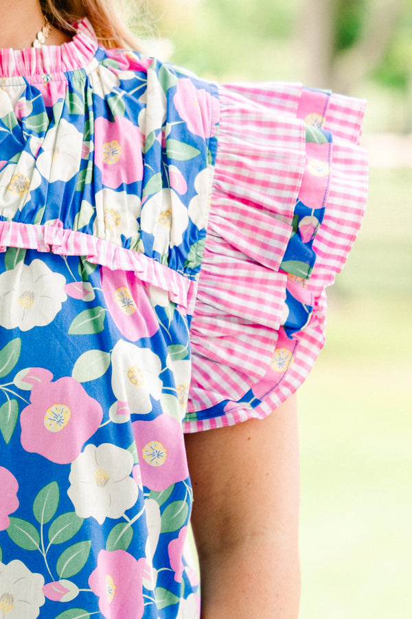 Chic Soul plus size clothing, dark blue blouse with white and light pink floral pattern and pink gingham flutter sleeve