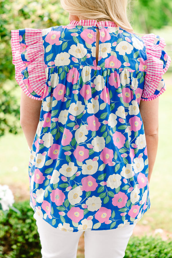 Chic Soul plus size clothing, dark blue blouse with white and light pink floral pattern and pink gingham flutter sleeve