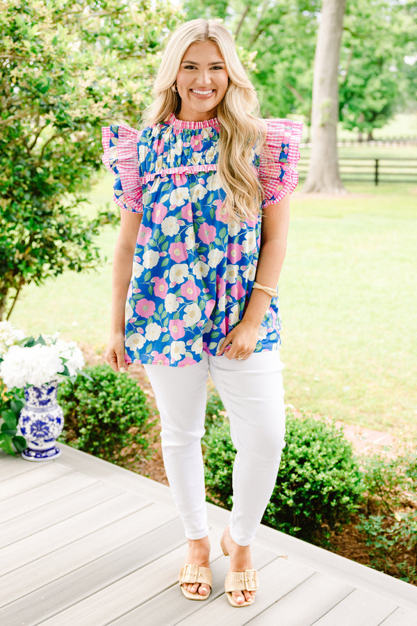 Chic Soul plus size clothing, dark blue blouse with white and light pink floral pattern and pink gingham flutter sleeve