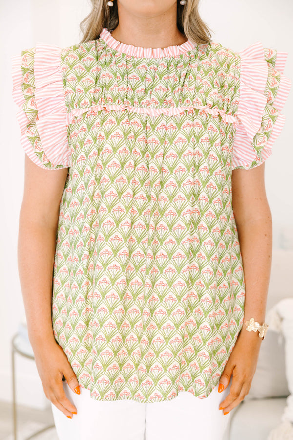 Chic Soul plus size clothing, moss green and light pink high-ruffle neckline and short-flutter sleeve blouse with abstract diamond floral pattern plus pink and white stripes on sleeves