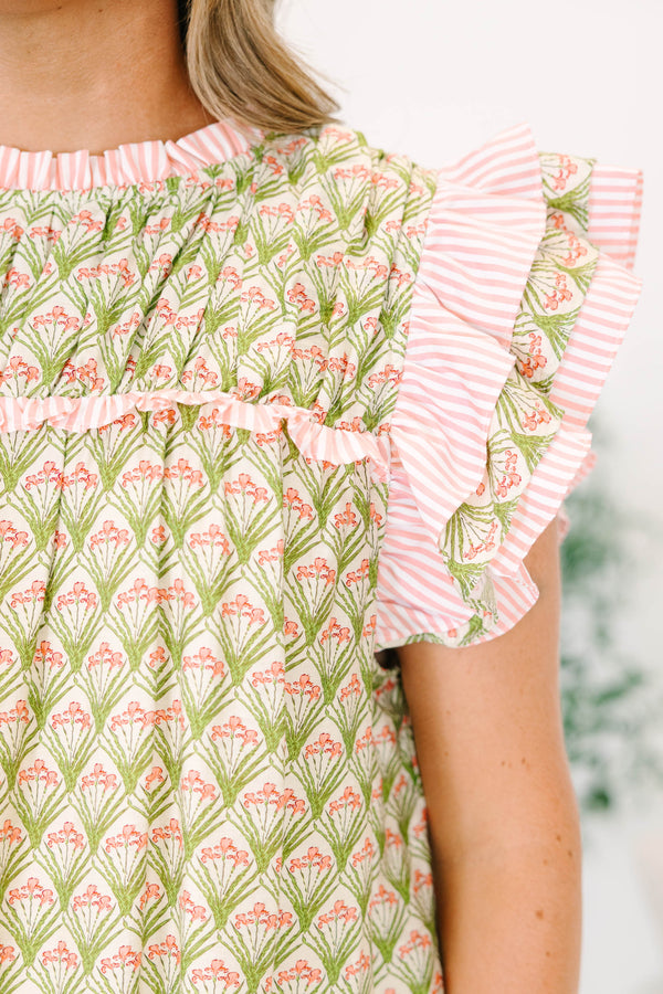 Chic Soul plus size clothing, moss green and light pink high-ruffle neckline and short-flutter sleeve blouse with abstract diamond floral pattern plus pink and white stripes on sleeves