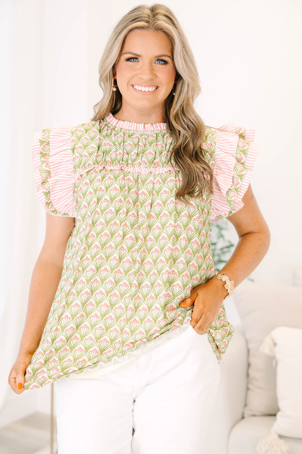 Chic Soul plus size clothing, moss green and light pink high-ruffle neckline and short-flutter sleeve blouse with abstract diamond floral pattern plus pink and white stripes on sleeves