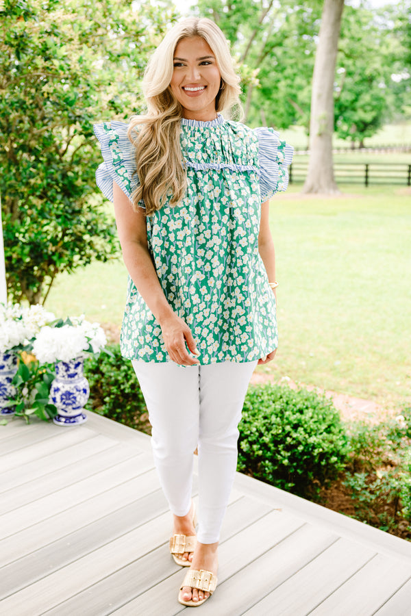 Chic Soul plus size clothing, green flutter sleeve blouse with white floral pattern and light blue stripes on sleeves and neckline