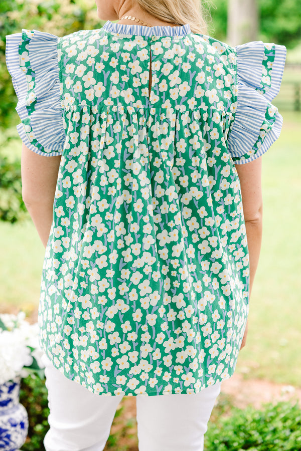 Chic Soul plus size clothing, green flutter sleeve blouse with white floral pattern and light blue stripes on sleeves and neckline