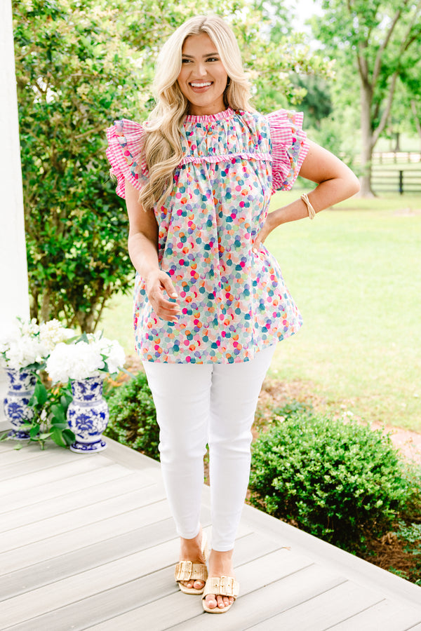 Chic Soul plus size clothing, short-flutter-sleeve pink and blue watercolor spotted top