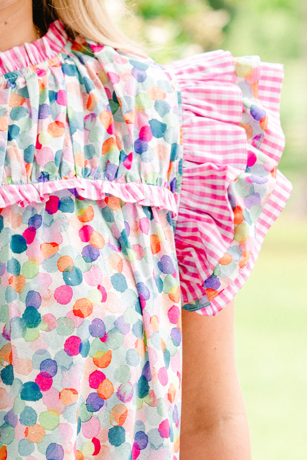 Chic Soul plus size clothing, short-flutter-sleeve pink and blue watercolor spotted top