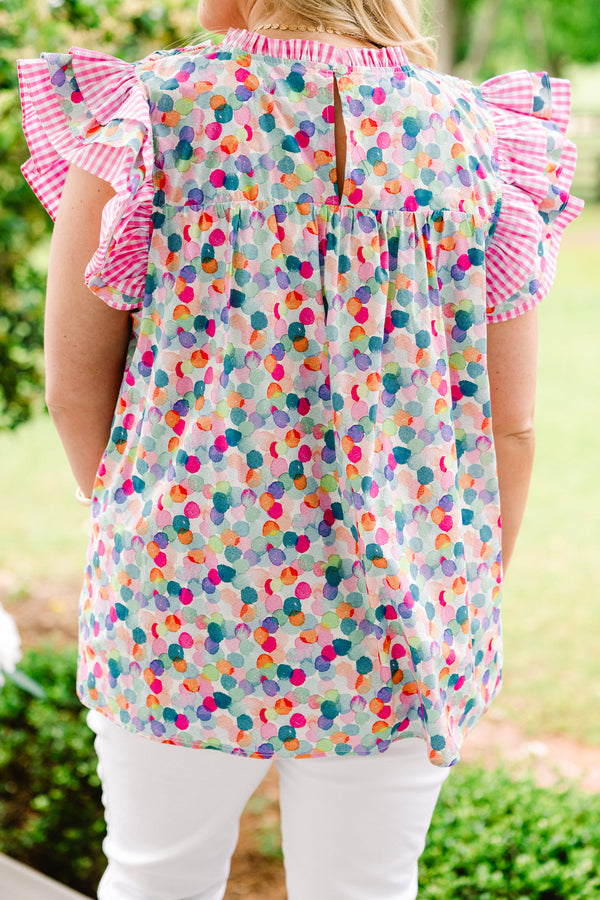 Chic Soul plus size clothing, short-flutter-sleeve pink and blue watercolor spotted top