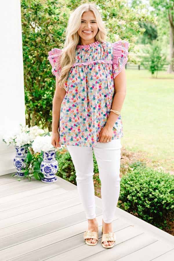 Chic Soul plus size clothing, short-flutter-sleeve pink and blue watercolor spotted top