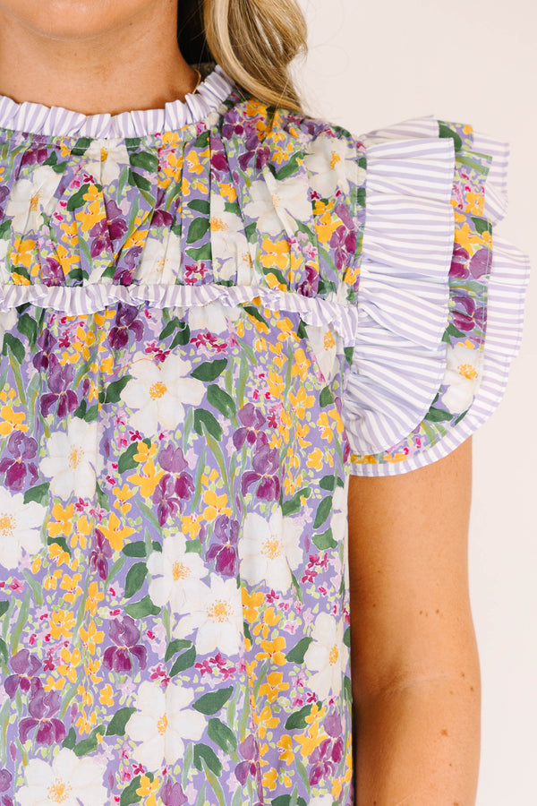 Chic Soul plus size clothing, purple floral short sleeve mock neck op with ruffle along sleeves and chest and neckline