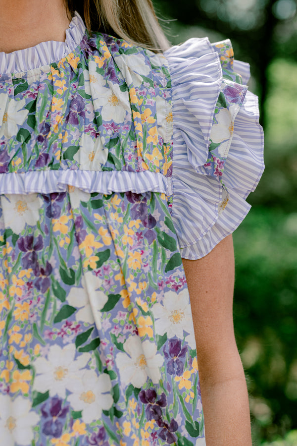Chic Soul plus size clothing, purple floral short sleeve mock neck op with ruffle along sleeves and chest and neckline