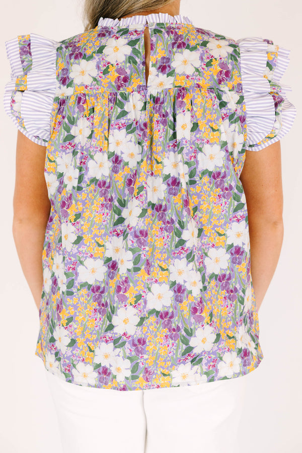 Chic Soul plus size clothing, purple floral short sleeve mock neck op with ruffle along sleeves and chest and neckline