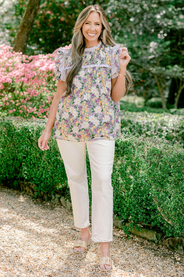 Chic Soul plus size clothing, purple floral short sleeve mock neck op with ruffle along sleeves and chest and neckline