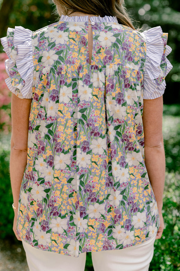 Chic Soul plus size clothing, purple floral short sleeve mock neck op with ruffle along sleeves and chest and neckline