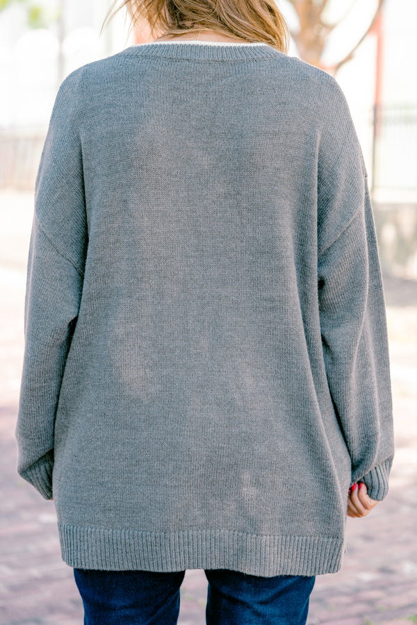Chic Soul plus size clothing, long sleeve gray sweater with a daisy graphic on the center of the sweater  