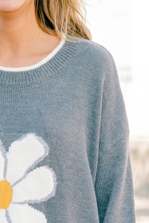 Chic Soul plus size clothing, long sleeve gray sweater with a daisy graphic on the center of the sweater  