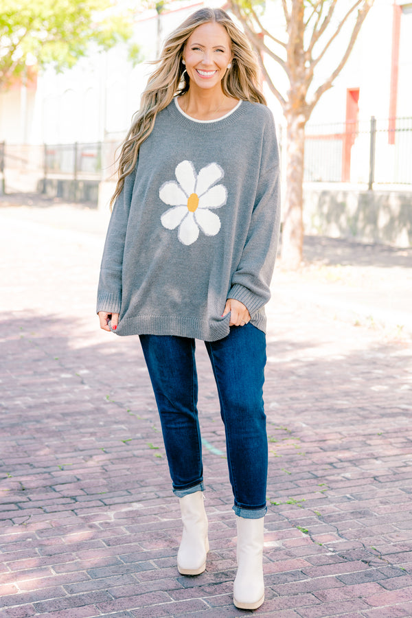 Chic Soul plus size clothing, long sleeve gray sweater with a daisy graphic on the center of the sweater  