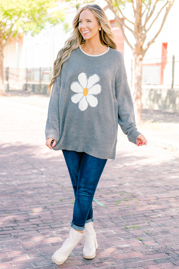 Chic Soul plus size clothing, long sleeve gray sweater with a daisy graphic on the center of the sweater  
