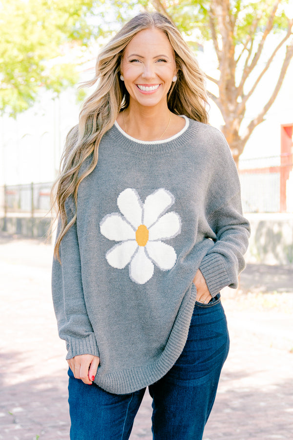 Chic Soul plus size clothing, long sleeve gray sweater with a daisy graphic on the center of the sweater  