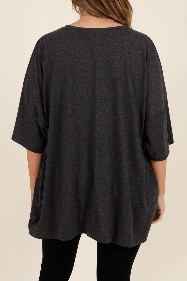 Chic Soul plus size clothing, charcoal oversized boyfriend t shirt with daisies graphic
