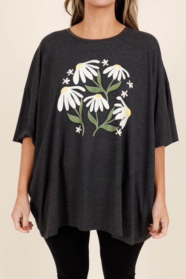 Chic Soul plus size clothing, charcoal oversized boyfriend t shirt with daisies graphic