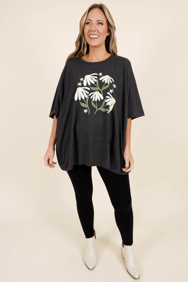 Chic Soul plus size clothing, charcoal oversized boyfriend t shirt with daisies graphic