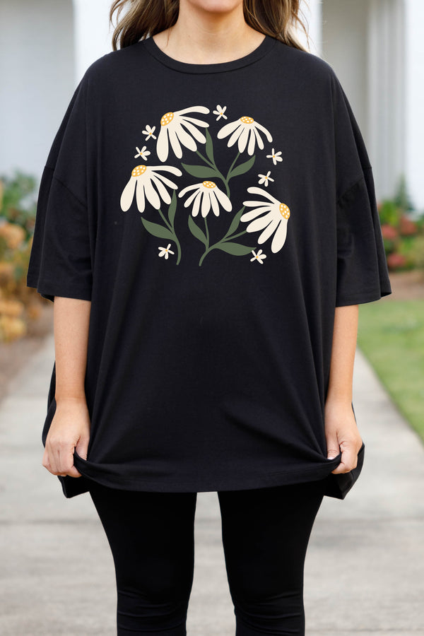 Chic Soul plus size clothing, black boyfriend tee with daisy graphic