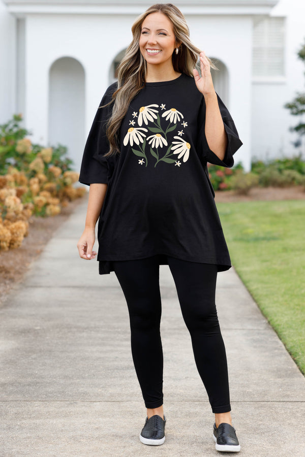 Chic Soul plus size clothing, black boyfriend tee with daisy graphic