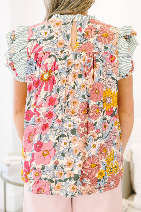 Chic Soul plus size clothing, short-flutter-sleeve pink-olive top with a smocked neckline and a floral patchwork pattern