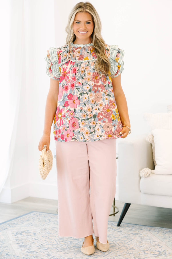 Chic Soul plus size clothing, short-flutter-sleeve pink-olive top with a smocked neckline and a floral patchwork pattern