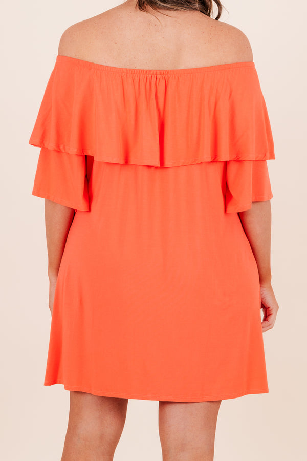 Chic Soul plus size clothing, off the shoulder hot orange dress with ruffled detail on bodice 