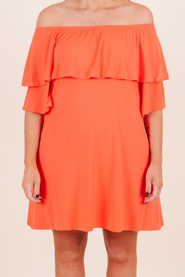 Chic Soul plus size clothing, off the shoulder hot orange dress with ruffled detail on bodice 