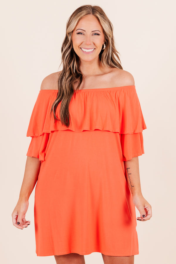 Chic Soul plus size clothing, off the shoulder hot orange dress with ruffled detail on bodice 