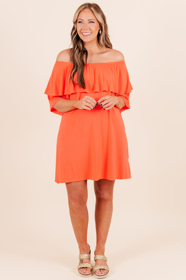 Chic Soul plus size clothing, off the shoulder hot orange dress with ruffled detail on bodice 
