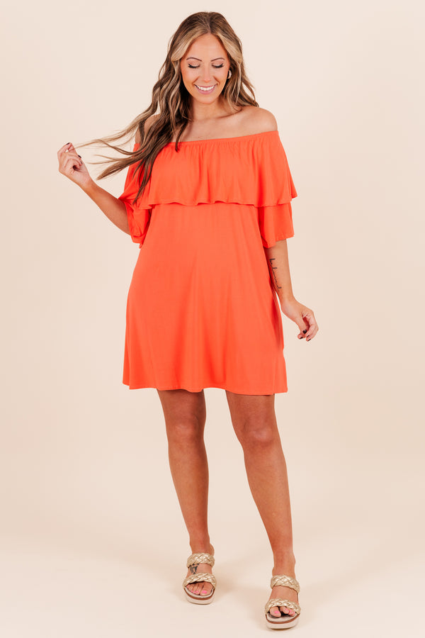 Chic Soul plus size clothing, off the shoulder hot orange dress with ruffled detail on bodice 