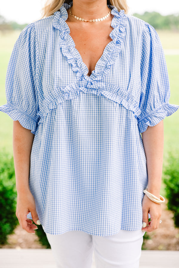 Chic Soul plus size clothing, light blue gingham short bubble sleeve v-neck top with ruffle trim around neckline and bust