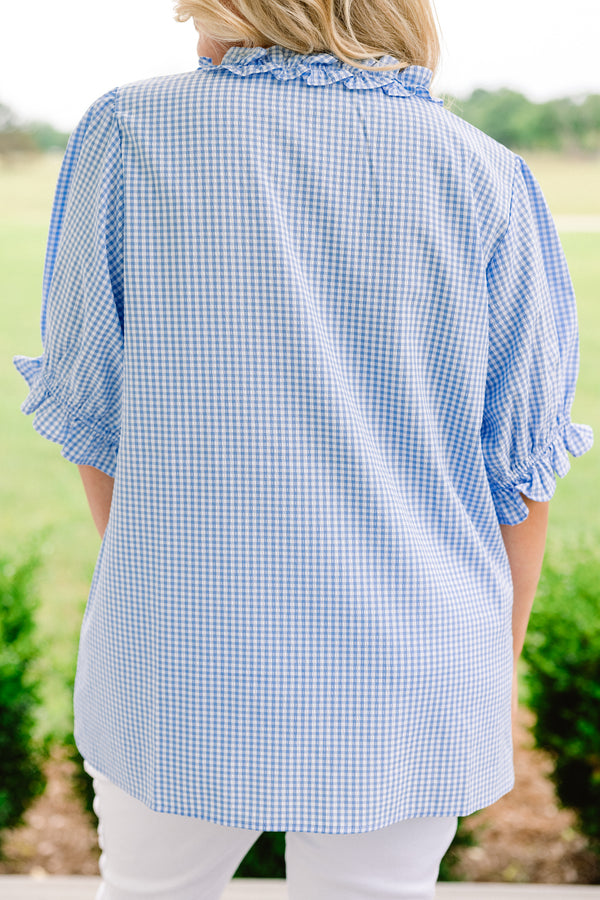 Chic Soul plus size clothing, light blue gingham short bubble sleeve v-neck top with ruffle trim around neckline and bust
