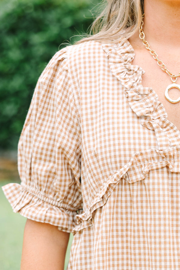 Plus size brown gingham short sleeve blouse
