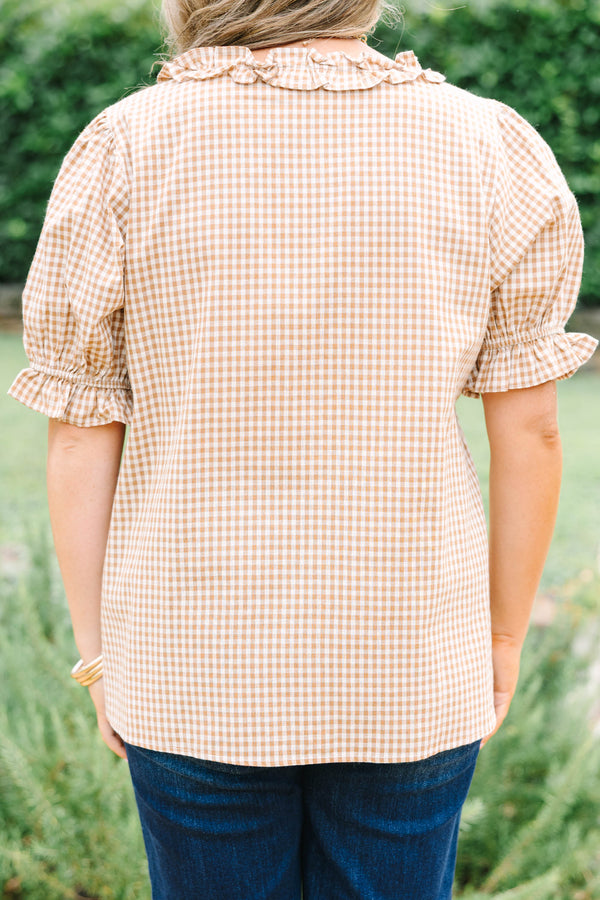Plus size brown gingham short sleeve blouse