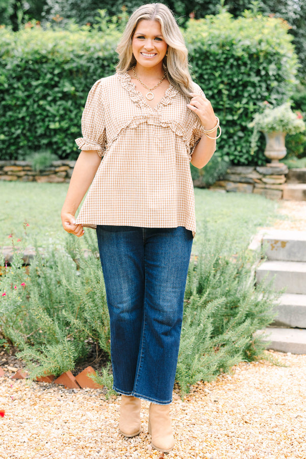 Plus size brown gingham short sleeve blouse