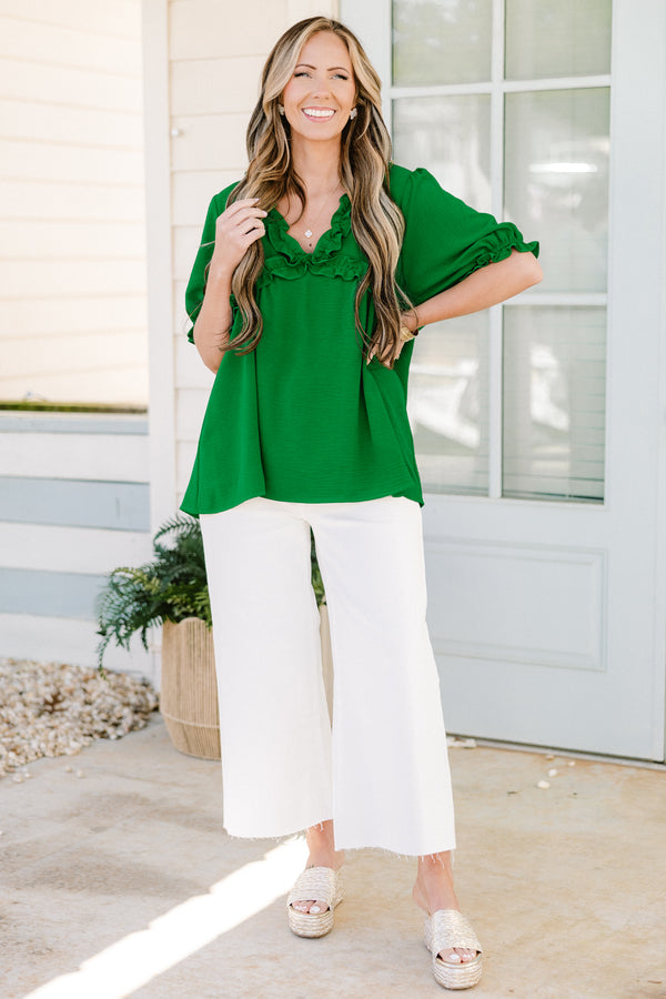 Chic Soul plus size clothing, green short puff sleeve top with frilly v-neck 