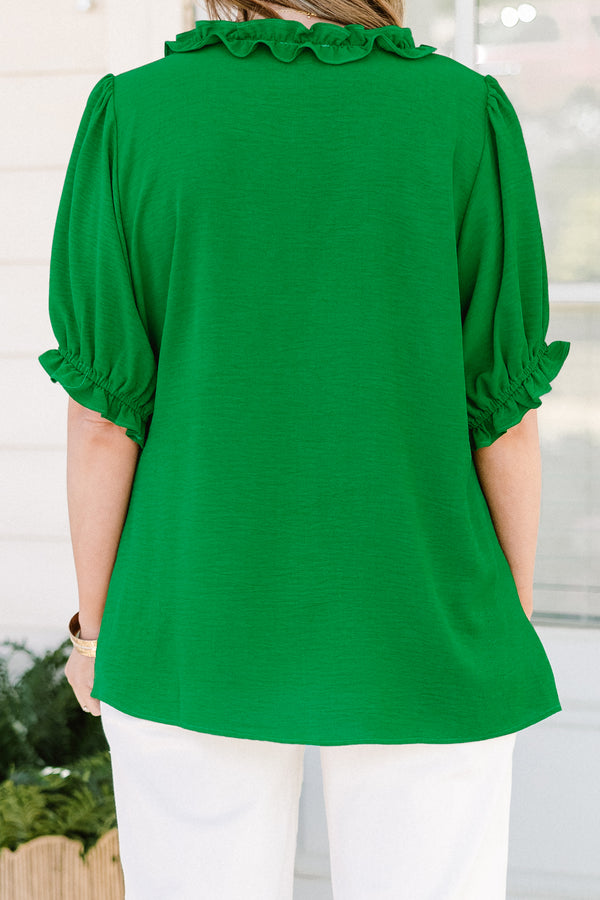 Chic Soul plus size clothing, green short puff sleeve top with frilly v-neck 