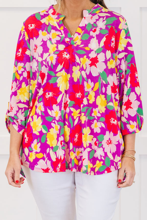 Chic Soul plus size clothing, quarter-sleeve magenta multi-colored top with a split-v-neckline and a magenta multi-colored floral print 