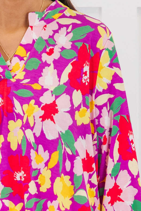 Chic Soul plus size clothing, quarter-sleeve magenta multi-colored top with a split-v-neckline and a magenta multi-colored floral print 