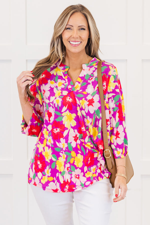 Chic Soul plus size clothing, quarter-sleeve magenta multi-colored top with a split-v-neckline and a magenta multi-colored floral print 