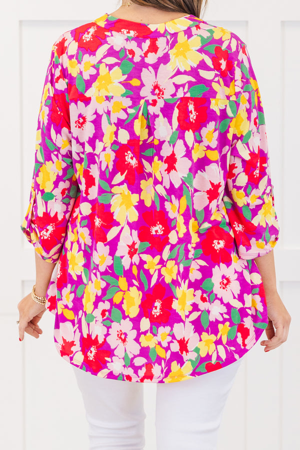 Chic Soul plus size clothing, quarter-sleeve magenta multi-colored top with a split-v-neckline and a magenta multi-colored floral print 