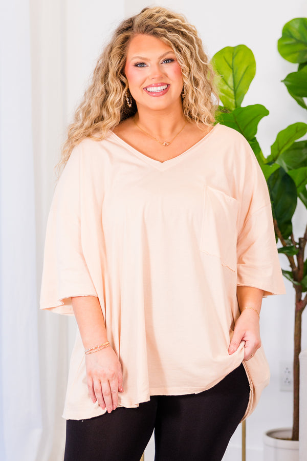 Chic Soul plus size clothing, cream peach top with short sleeves, v-neckline, and left chest pocket