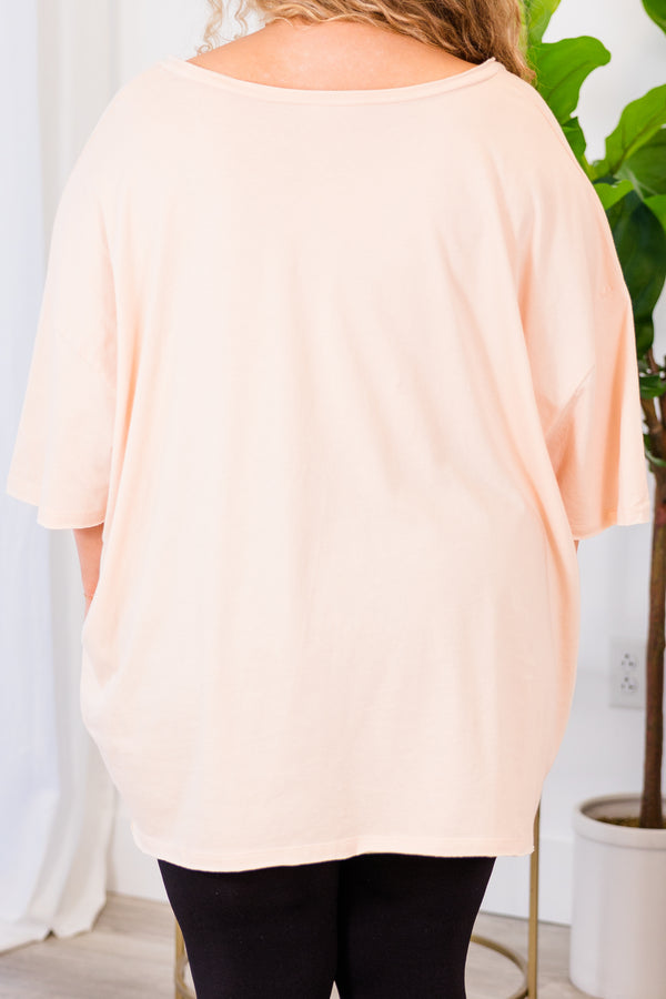 Chic Soul plus size clothing, cream peach top with short sleeves, v-neckline, and left chest pocket