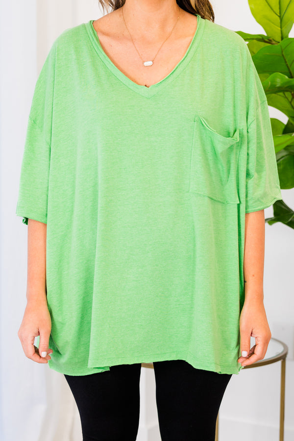 Chic Soul plus size clothing, heather green top with short sleeves, v-neckline, and left chest pocket