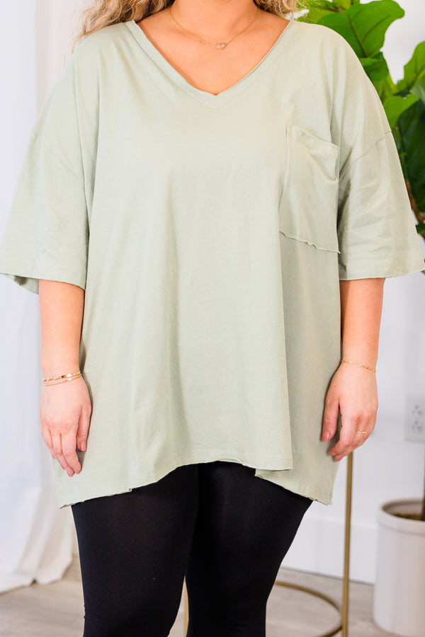 Chic Soul plus size clothing, light sage top with short sleeves, v-neckline, and left chest pocket